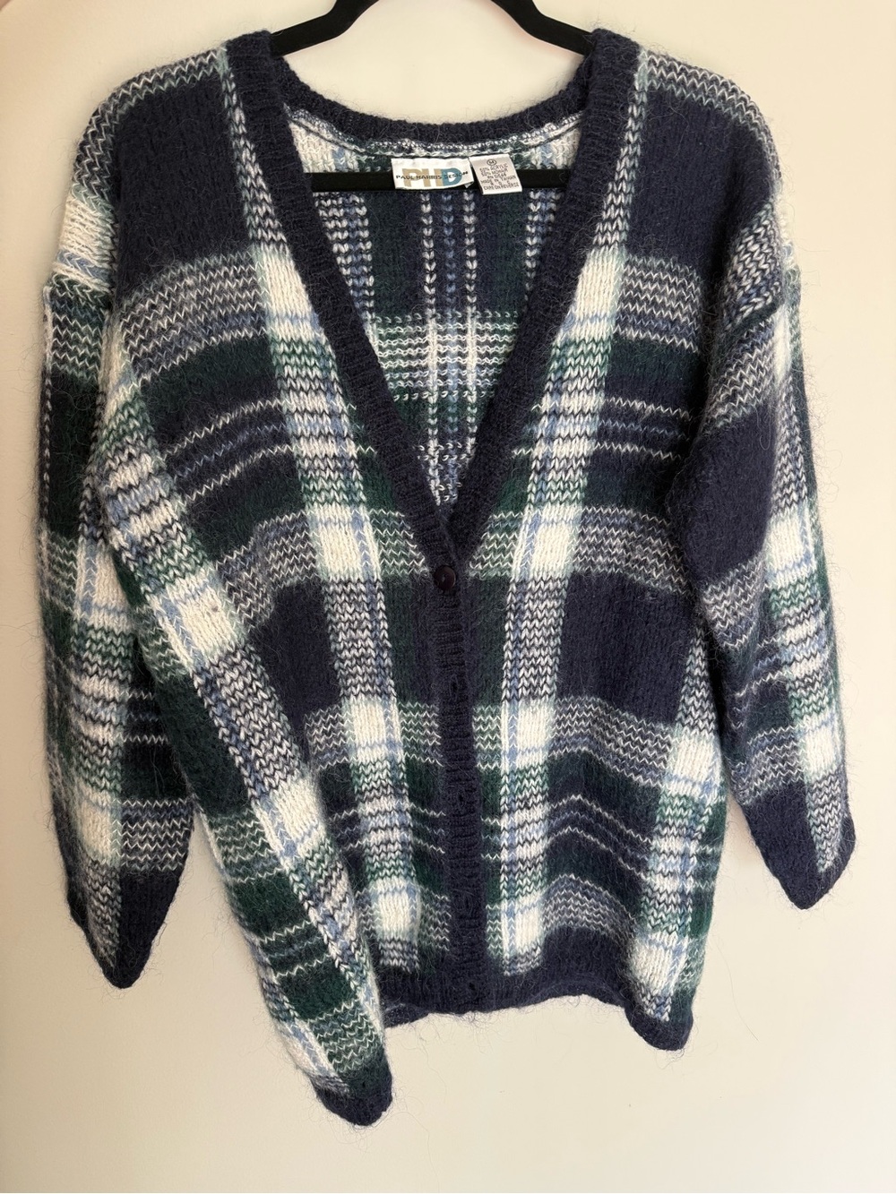 Cozy Plaid V-Neck Cardigan Sweater - Navy, White & Green Mohair Blend-M
